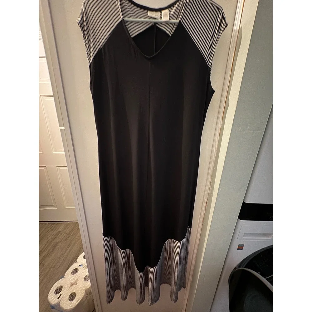 Chicos Travelers Black Striped Maxi Dress V-Neck Sleeveless Size 1 M